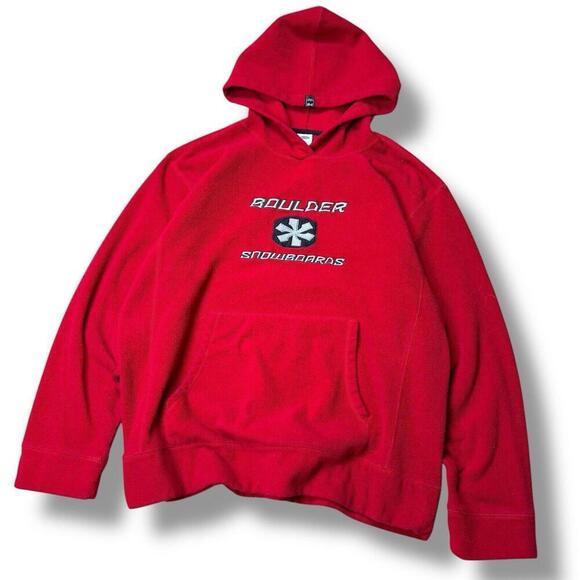 VTG Y2K Old Navy Skate Polar Fleece Boulder Snowboards Hoodie Sweatshirt Red XL - Picture 1 of 9